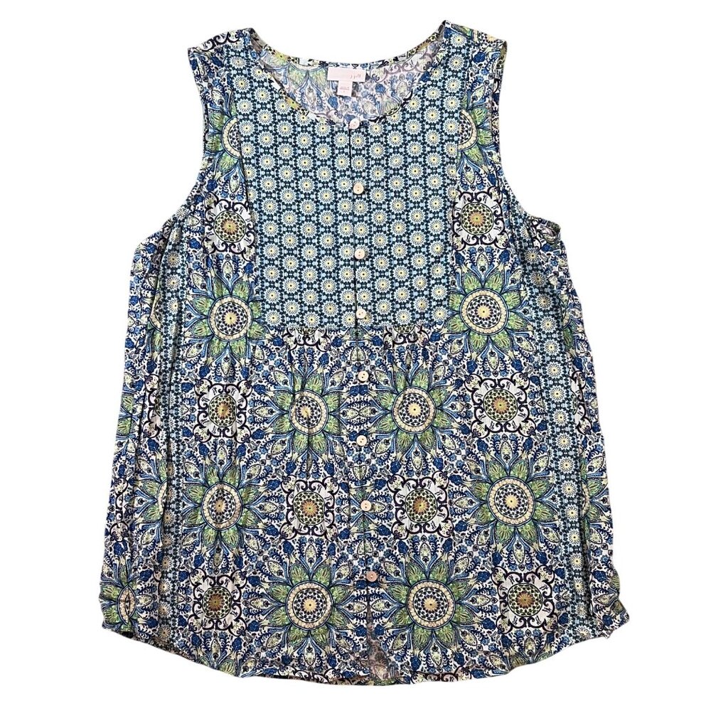 Womens J. Jill Sleeveless Lightweight Tank Top Blue Green Mandala Floral Print L